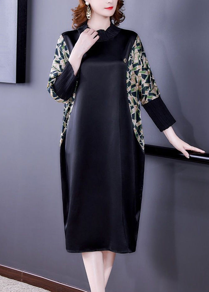 Top Quality Black Print Pockets Patchwork Silk Dresses Fall