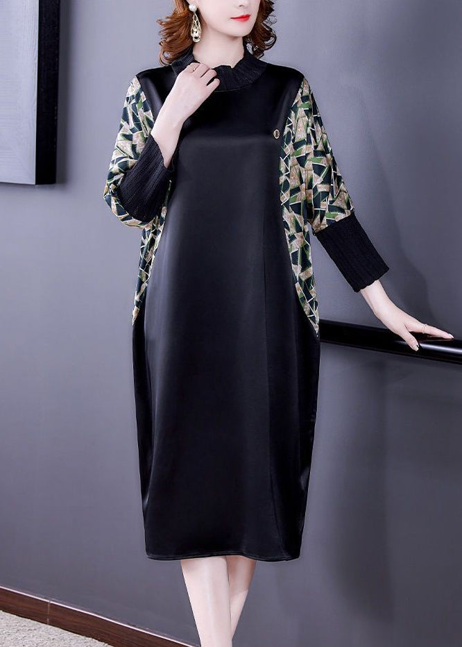 Black Print Pockets Patchwork Silk Dresses Fall