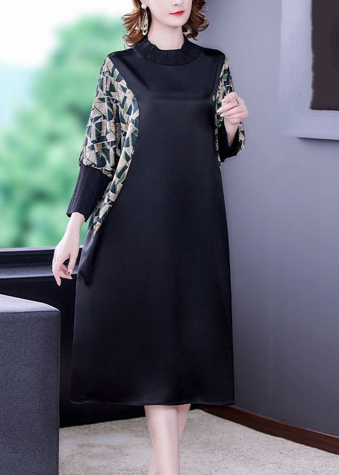 Black Print Pockets Patchwork Silk Dresses Fall