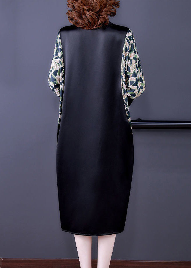 Black Print Pockets Patchwork Silk Dresses Fall