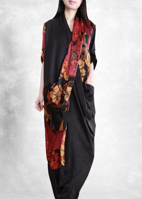 Top Quality Black Red V Neck Asymmetrical Print wrinkled Pockets Silk Dress Half Sleeve