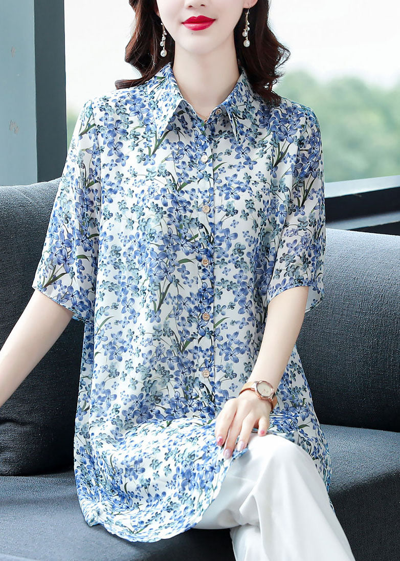 Blue Peter Pan Collar Print Chiffon Long Blouse Top Half Sleeve