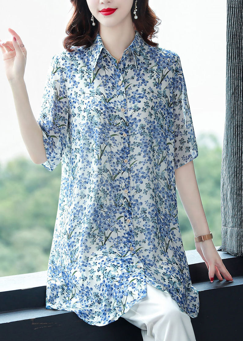 Blue Peter Pan Collar Print Chiffon Long Blouse Top Half Sleeve