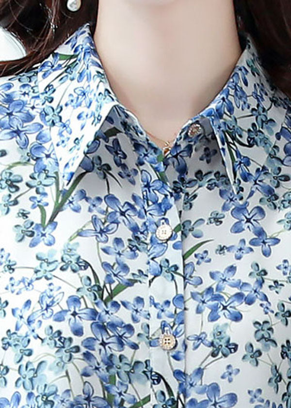 Blue Peter Pan Collar Print Chiffon Long Blouse Top Half Sleeve