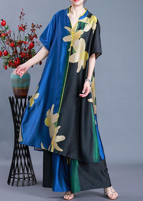 Top Quality Blue Side Open V Neck Patchwork Chiffon Two Pieces Set Summer