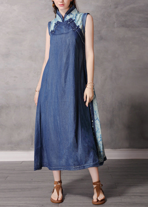 2022 Blue Stand Collar Button Patchwork Long Denim Dress Sleeveless