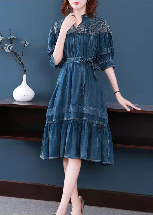 2022 Blue V Neck Embroidered wrinkled Sashes Holiday Dress Half Sleeve