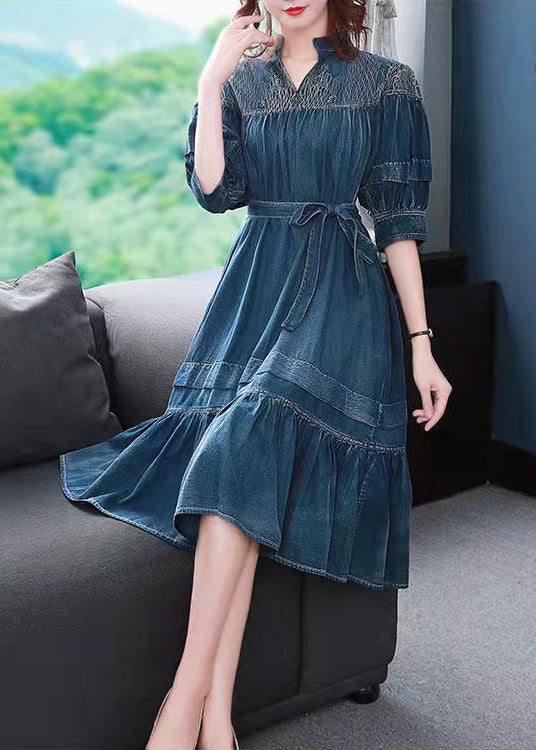 2022 Blue V Neck Embroidered wrinkled Sashes Holiday Dress Half Sleeve