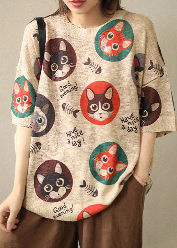 Camel O-Neck Print draping Cat Print Knit Tank Tops Short Sleeve