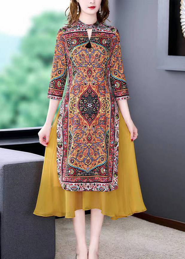 Top Quality Fitted Yellow Stand Collar Patchwork Print Chiffon Fake Two Piece Dress Summer