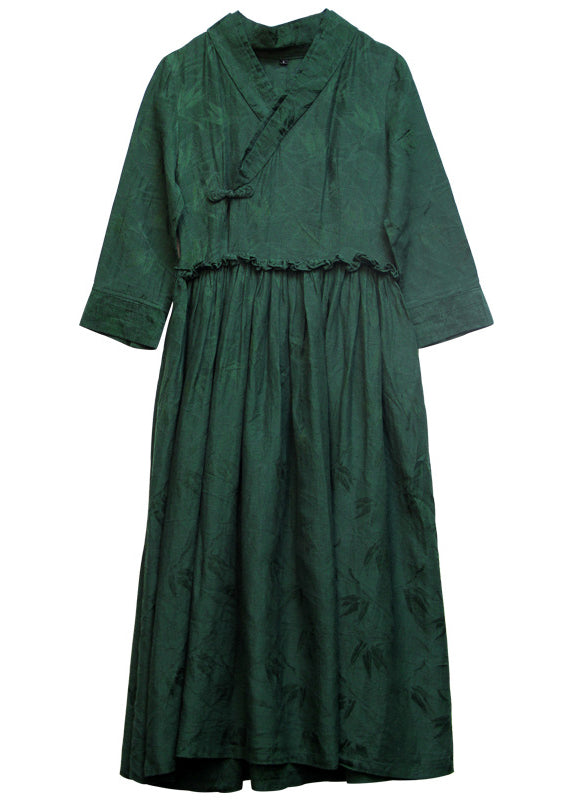 2022 Green Cinched V Neck Ruffled Silk Holiday Dress Long Sleeve