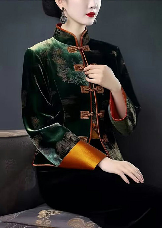 Green Embroidered Button Patchwork Silk Coat Fall