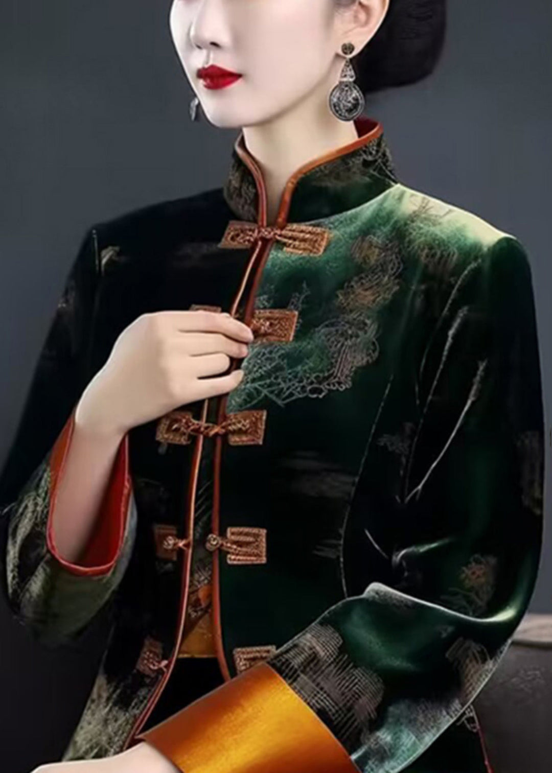 Green Embroidered Button Patchwork Silk Coat Fall
