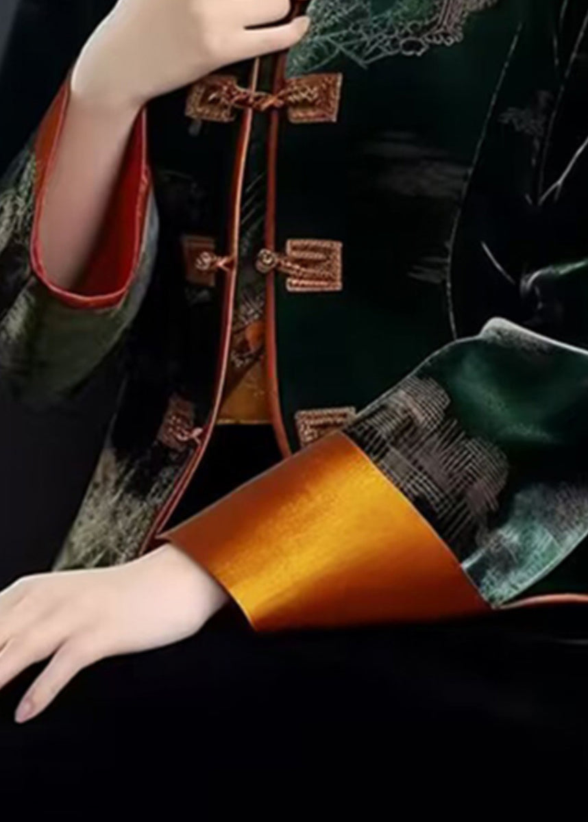 Green Embroidered Button Patchwork Silk Coat Fall
