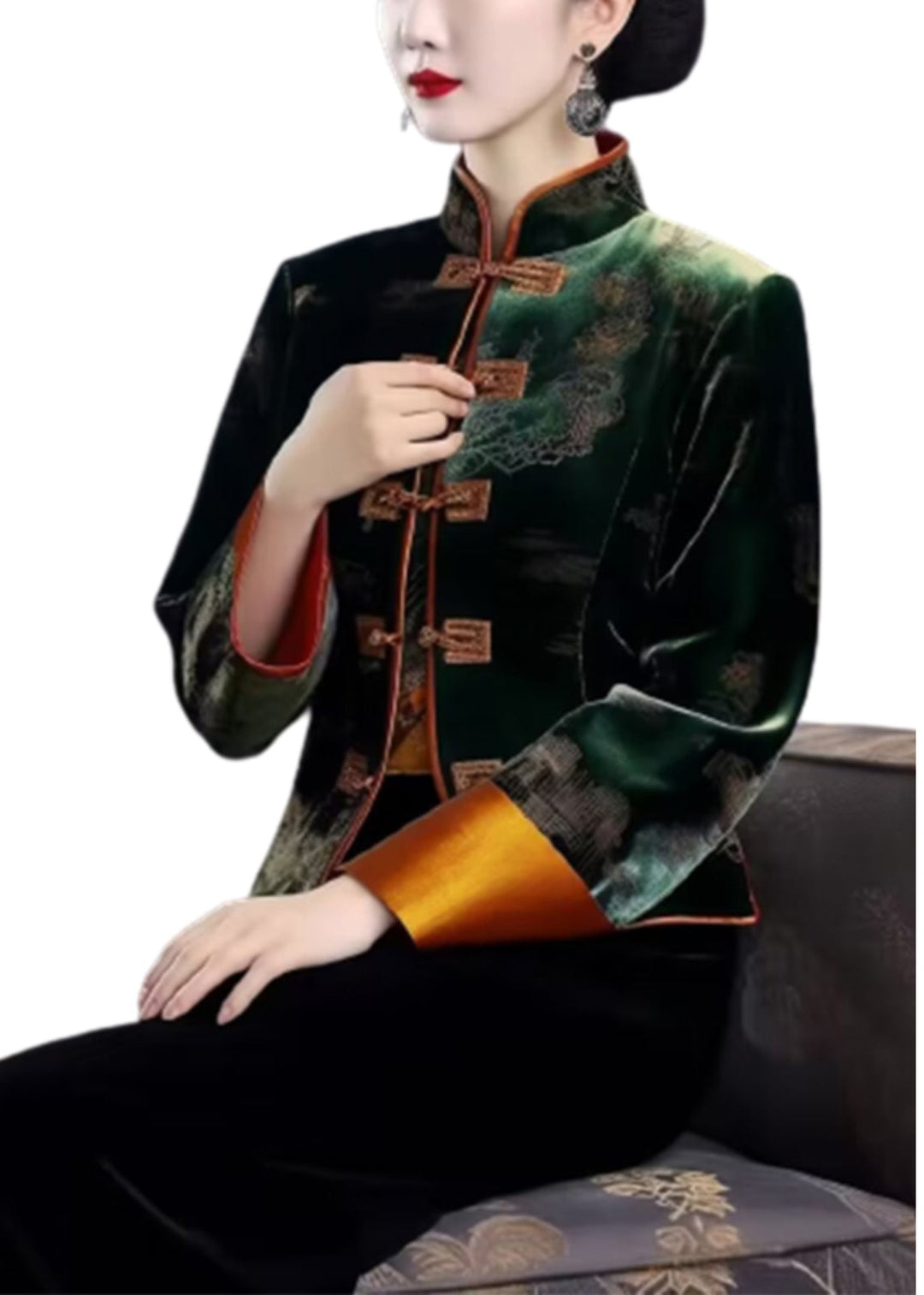 Green Embroidered Button Patchwork Silk Coat Fall
