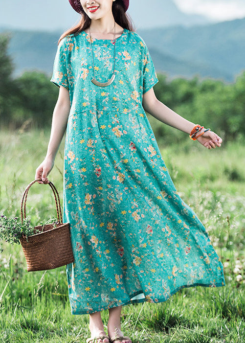 Top Quality Green O-Neck Print Linen Dress Short Sleeve