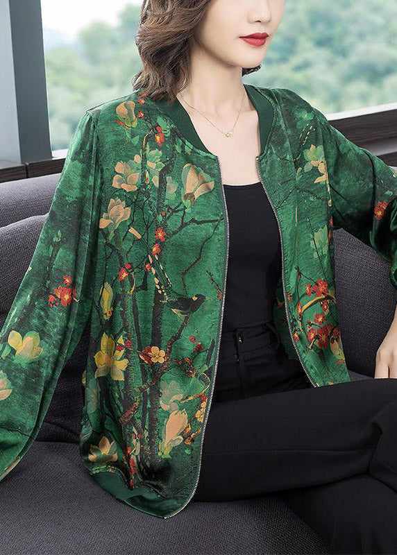 Top Quality Green O-Neck Print Zip Up Silk Coats Long Sleeve