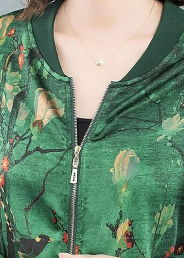 Top Quality Green O-Neck Print Zip Up Silk Coats Long Sleeve