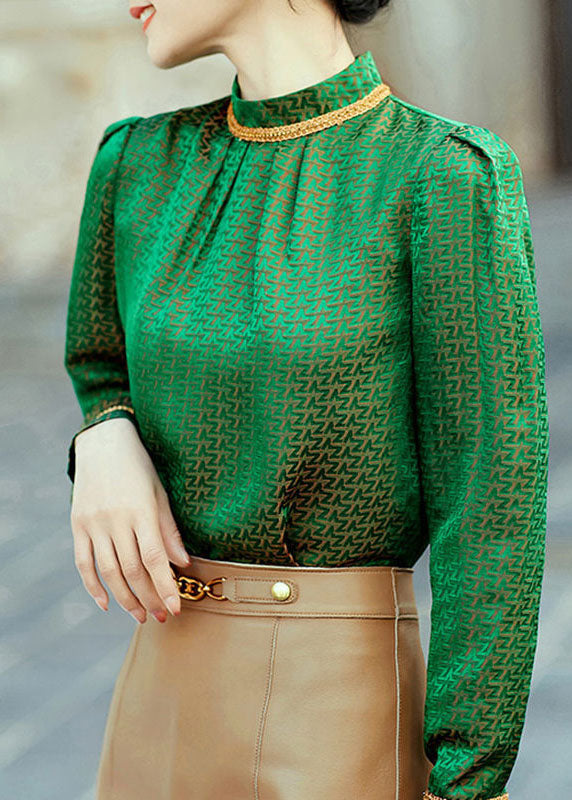 Top Quality Green Stand Collar Jacquard Silk Shirt Tops Spring