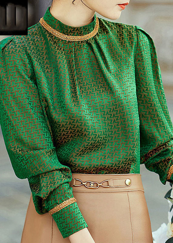 Top Quality Green Stand Collar Jacquard Silk Shirt Tops Spring