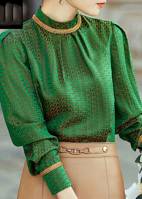 Green Stand Collar Jacquard Silk Shirt Tops Spring