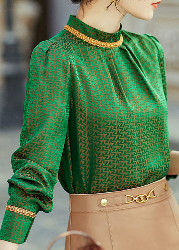 Top Quality Green Stand Collar Jacquard Silk Shirt Tops Spring