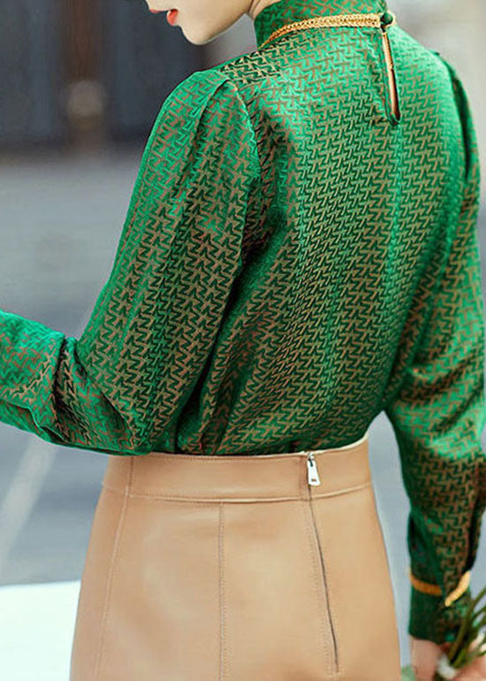 Green Stand Collar Jacquard Silk Shirt Tops Spring