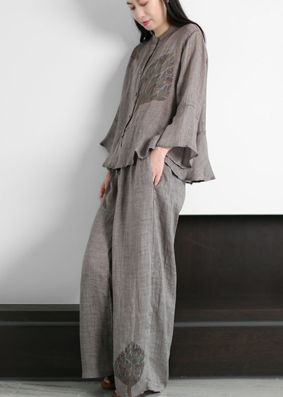 Top Quality Grey Stand Collar Print Linen Tops And Wide Leg Pants Two Piece Outfit flare sleeve