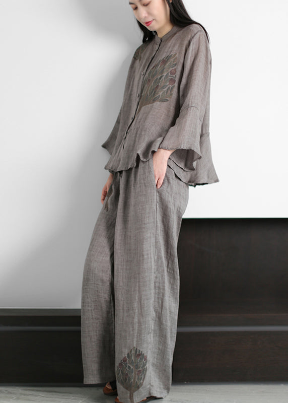 Grey Stand Collar Print Linen Tops And Wide Leg Pants Two Piece Outfit