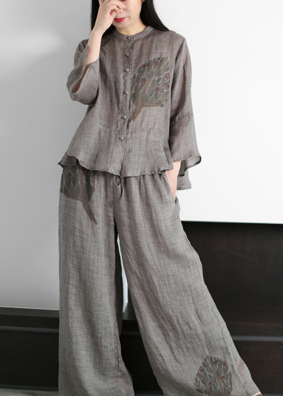 Top Quality Grey Stand Collar Print Linen Tops And Wide Leg Pants Two Piece Outfit flare sleeve