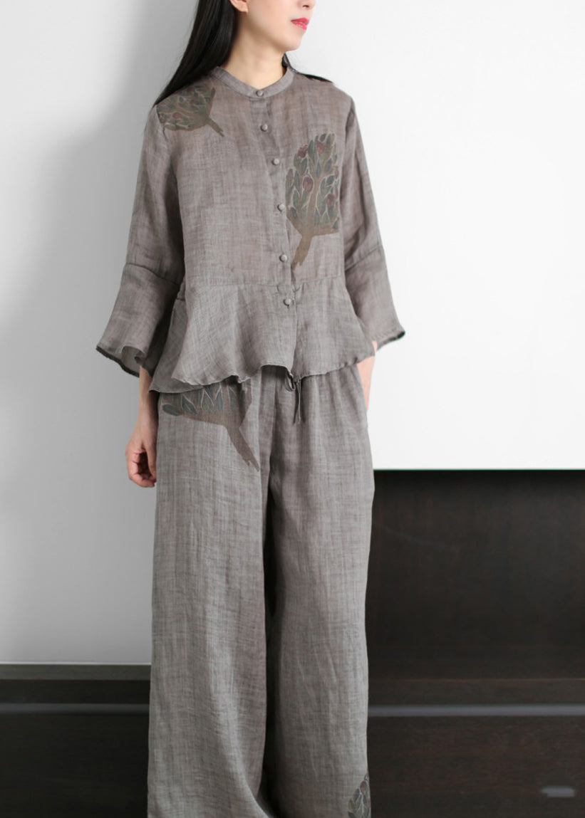 Top Quality Grey Stand Collar Print Linen Tops And Wide Leg Pants Two Piece Outfit flare sleeve