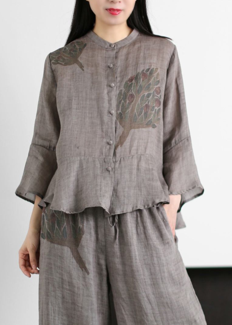 Top Quality Grey Stand Collar Print Linen Tops And Wide Leg Pants Two Piece Outfit flare sleeve