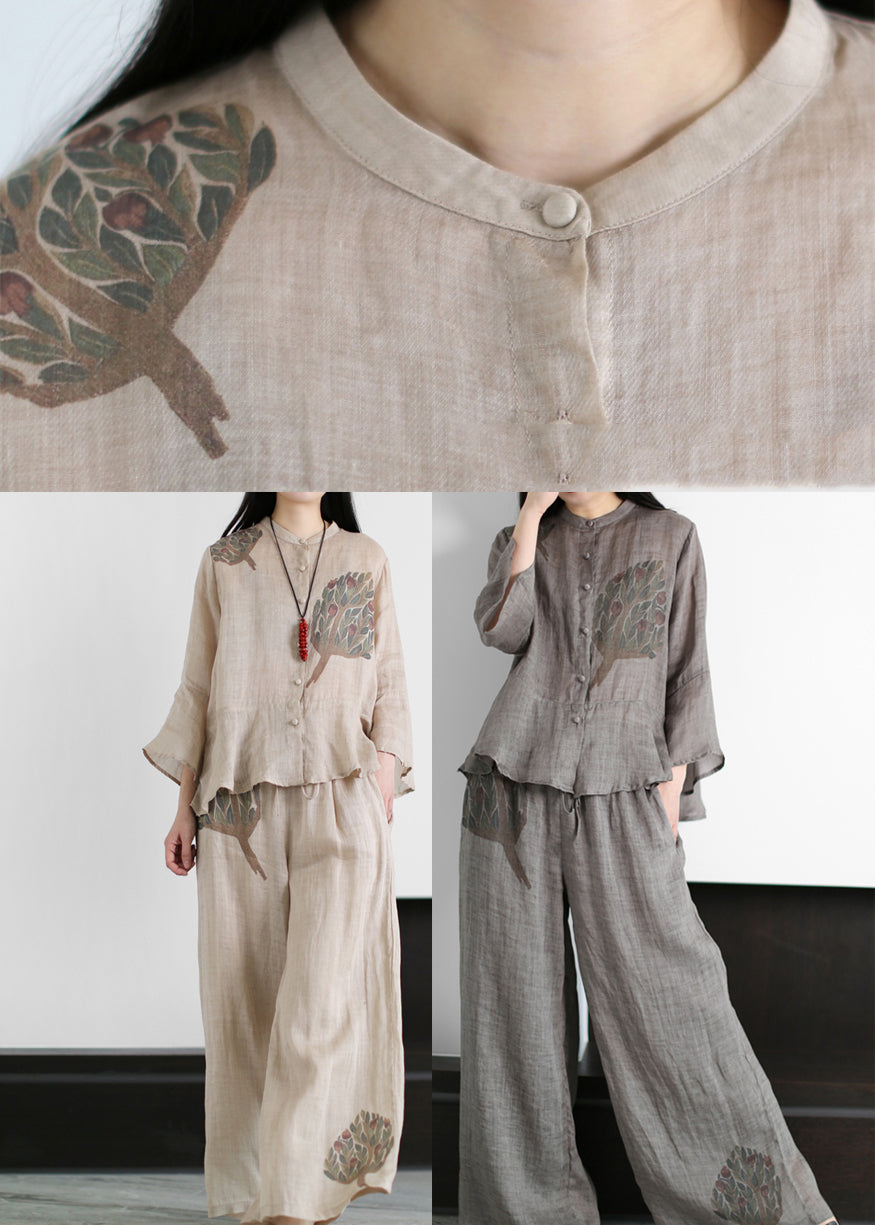 Grey Stand Collar Print Linen Tops And Wide Leg Pants Two Piece Outfit
