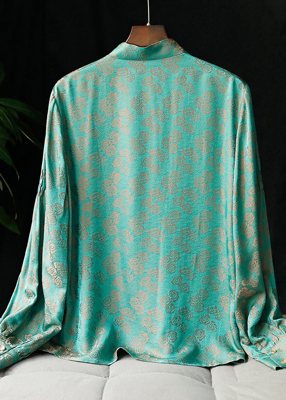 Top Quality Peacock Green Mandarin Collar Button Jacquard Shirt Tops Long sleeve
