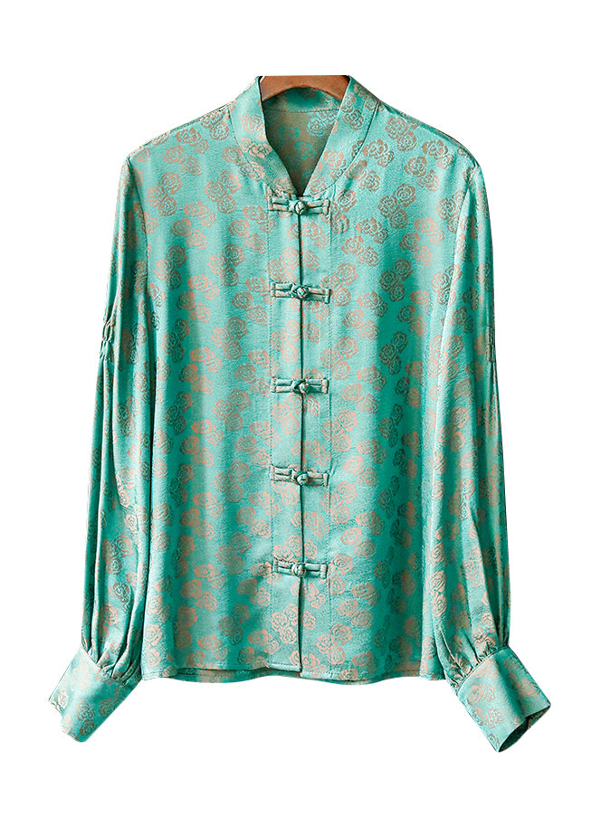 Top Quality Peacock Green Mandarin Collar Button Jacquard Shirt Tops Long sleeve