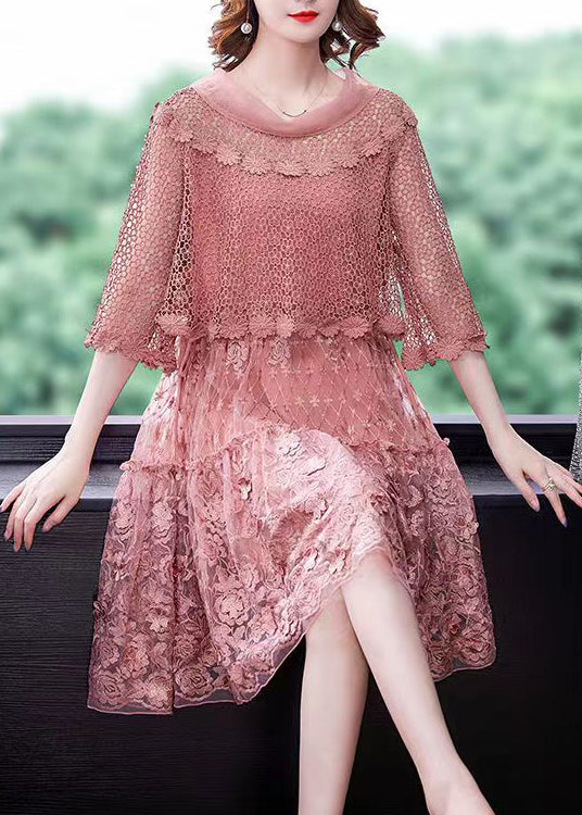 Top Quality Pink O-Neck Ruffled Patchwork Lace Dress Half Sleeve