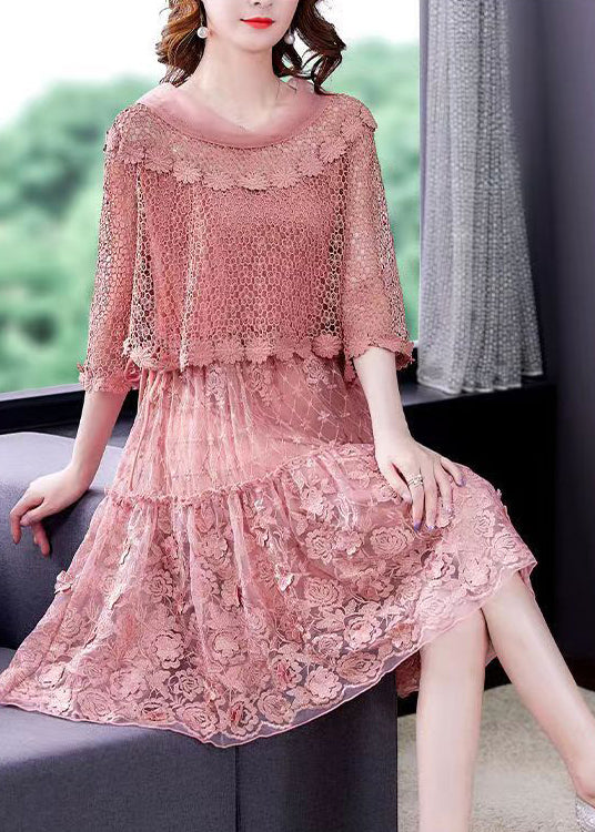 Pink O-Neck Ruffled Patchwork Lace Dress Half Sleeve