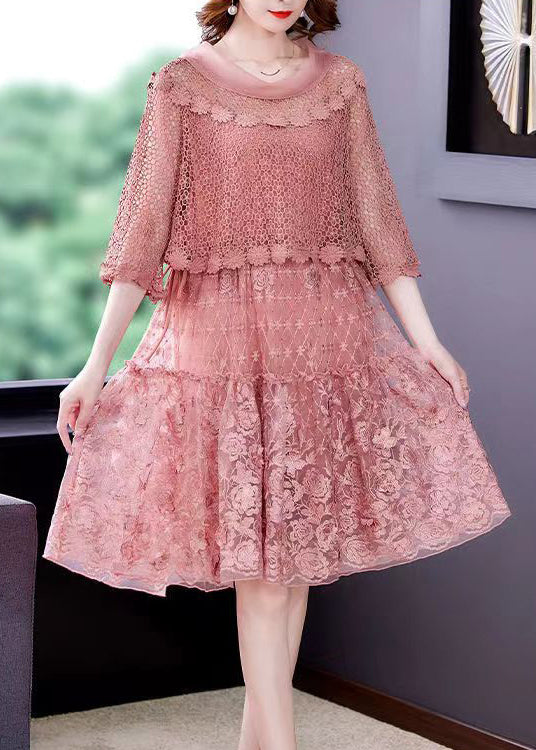 Top Quality Pink O-Neck Ruffled Patchwork Lace Dress Half Sleeve