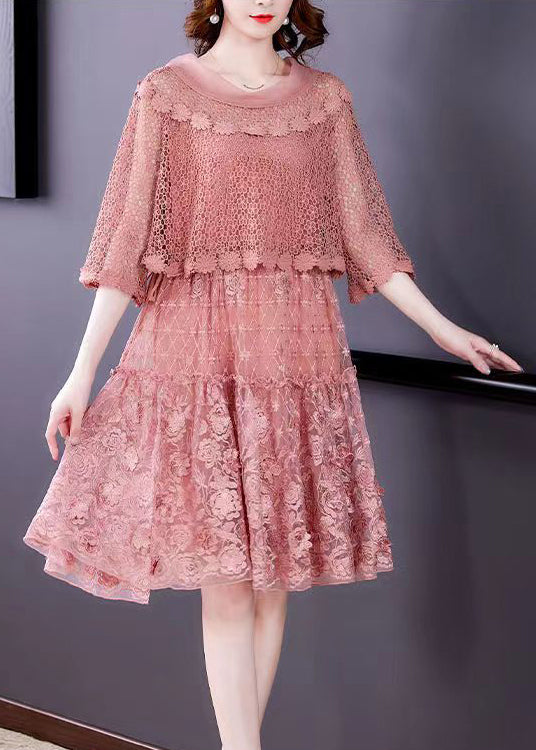 Top Quality Pink O-Neck Ruffled Patchwork Lace Dress Half Sleeve