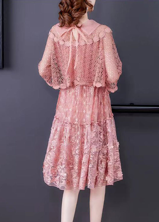 Top Quality Pink O-Neck Ruffled Patchwork Lace Dress Half Sleeve