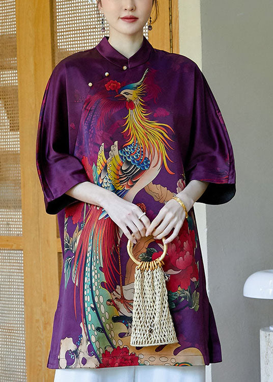 Purple Mandarin Collar Side Open Print Silk Dresses Bracelet Sleeve