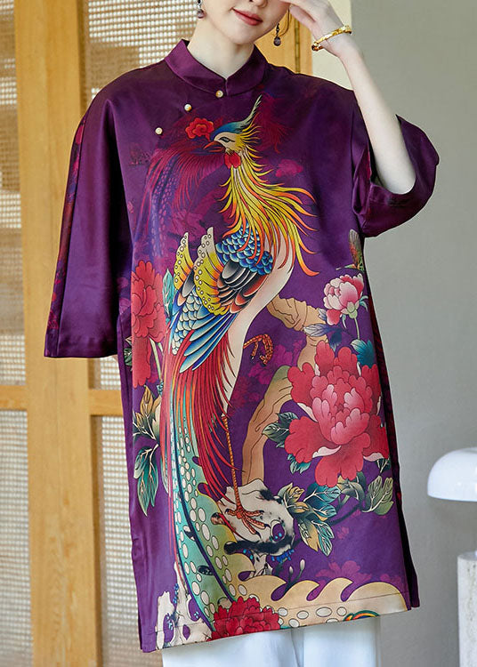 Top Quality Purple Mandarin Collar Side Open Print Silk Dresses Bracelet Sleeve