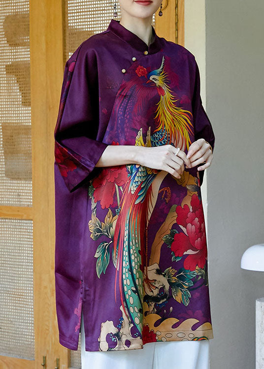 Top Quality Purple Mandarin Collar Side Open Print Silk Dresses Bracelet Sleeve