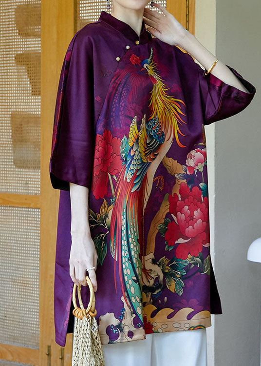 Top Quality Purple Mandarin Collar Side Open Print Silk Dresses Bracelet Sleeve