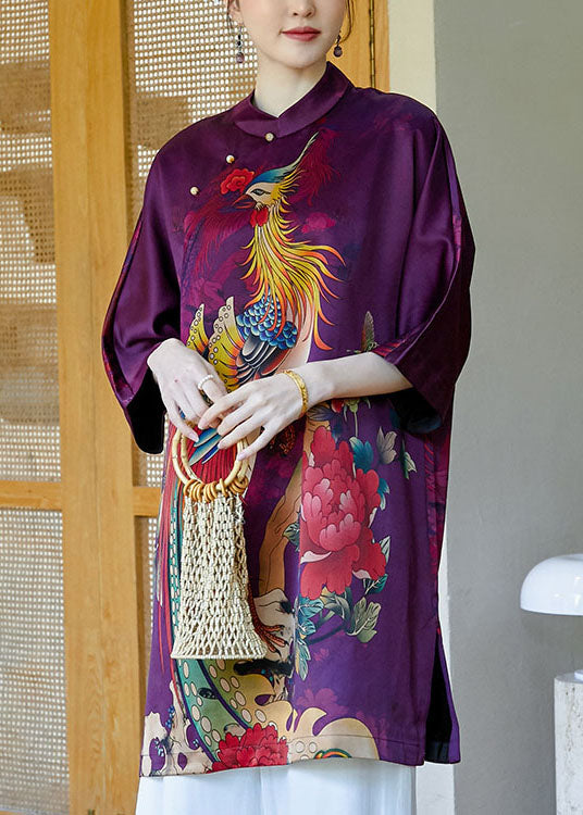 Top Quality Purple Mandarin Collar Side Open Print Silk Dresses Bracelet Sleeve