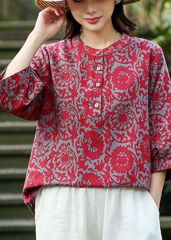 Red O-Neck Jacquard Linen Blouse Tops Bracelet Sleeve