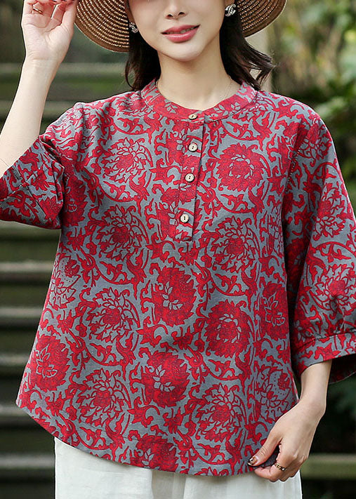 Red O-Neck Jacquard Linen Blouse Tops Bracelet Sleeve