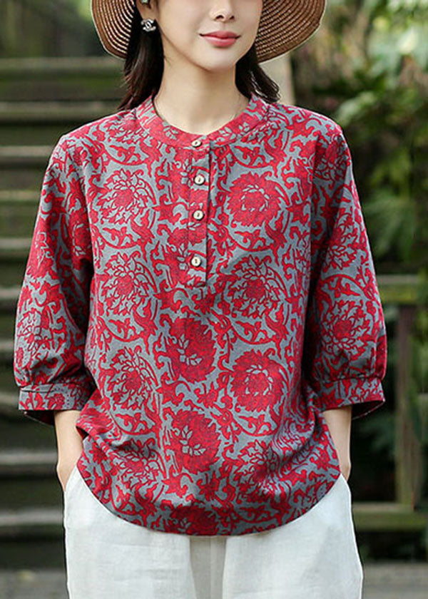 Top Quality Red O-Neck Jacquard Linen Blouse Tops Bracelet Sleeve