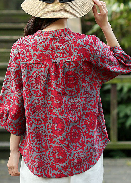 Red O-Neck Jacquard Linen Blouse Tops Bracelet Sleeve