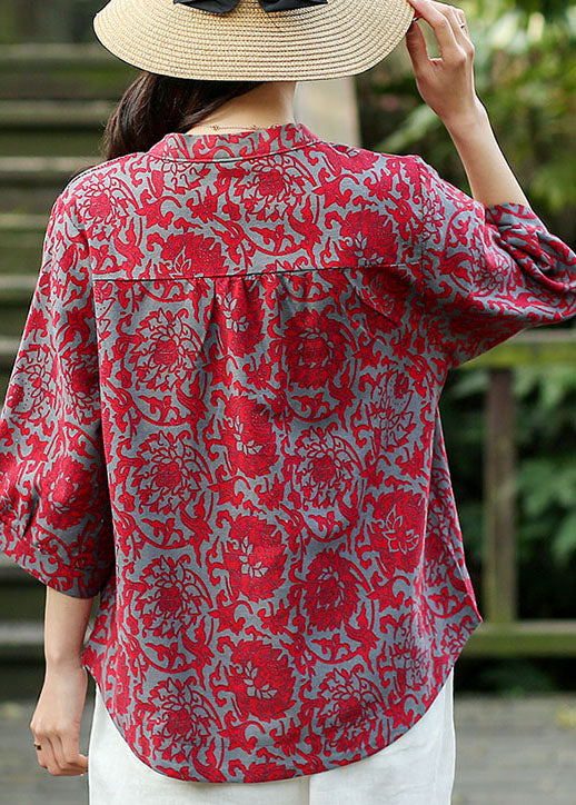 Top Quality Red O-Neck Jacquard Linen Blouse Tops Bracelet Sleeve